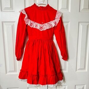 Vintage Martha's Miniatures Red Lace Trim Girls Dress Size 12 Victorian Holiday